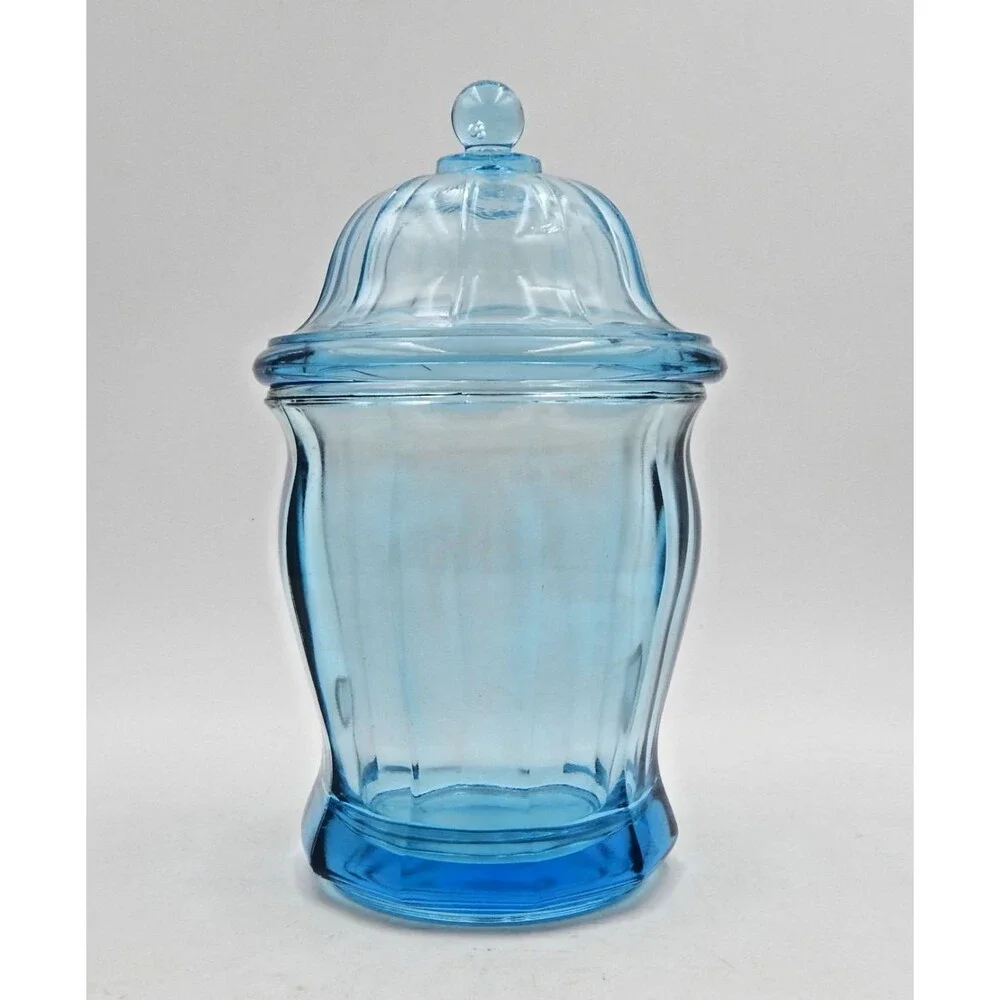 Indiana Glass Azure Blue Paneled Candy Cookie Jar Apothecary Canister w/Lid 9 In